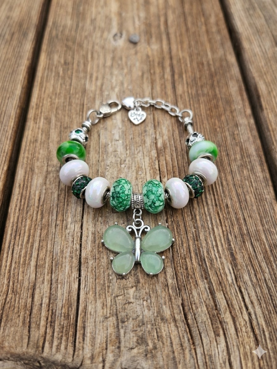 Green & White Beaded Charm Bracelet with Butterfly Dangle, Lobster Clasp