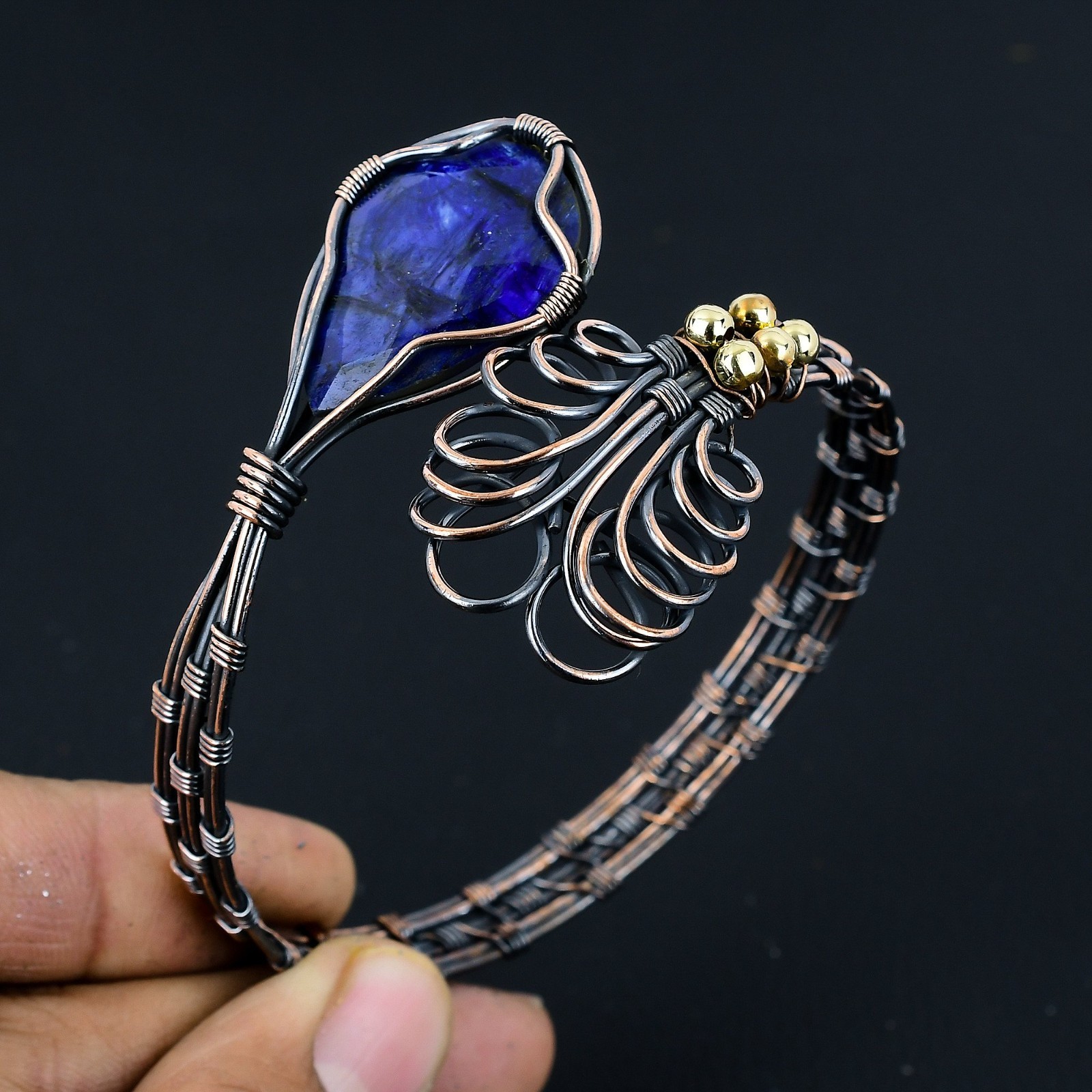Lab-Created Blue Sapphire Handmade Gemstones Copper Wire Wrap Adjustable Bangle