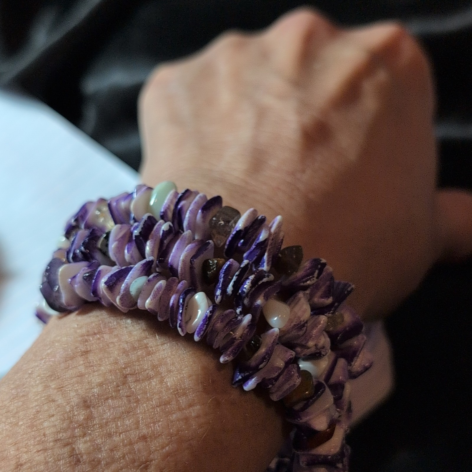 Purple, White & Brown Shell Chip Beads On Memory Wire #675