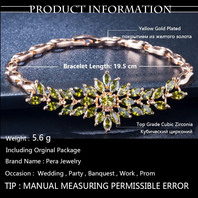 Luxury Yellow Gold Plated Multicolor Cubic Zirconia Women Flower Charm Bracelet
