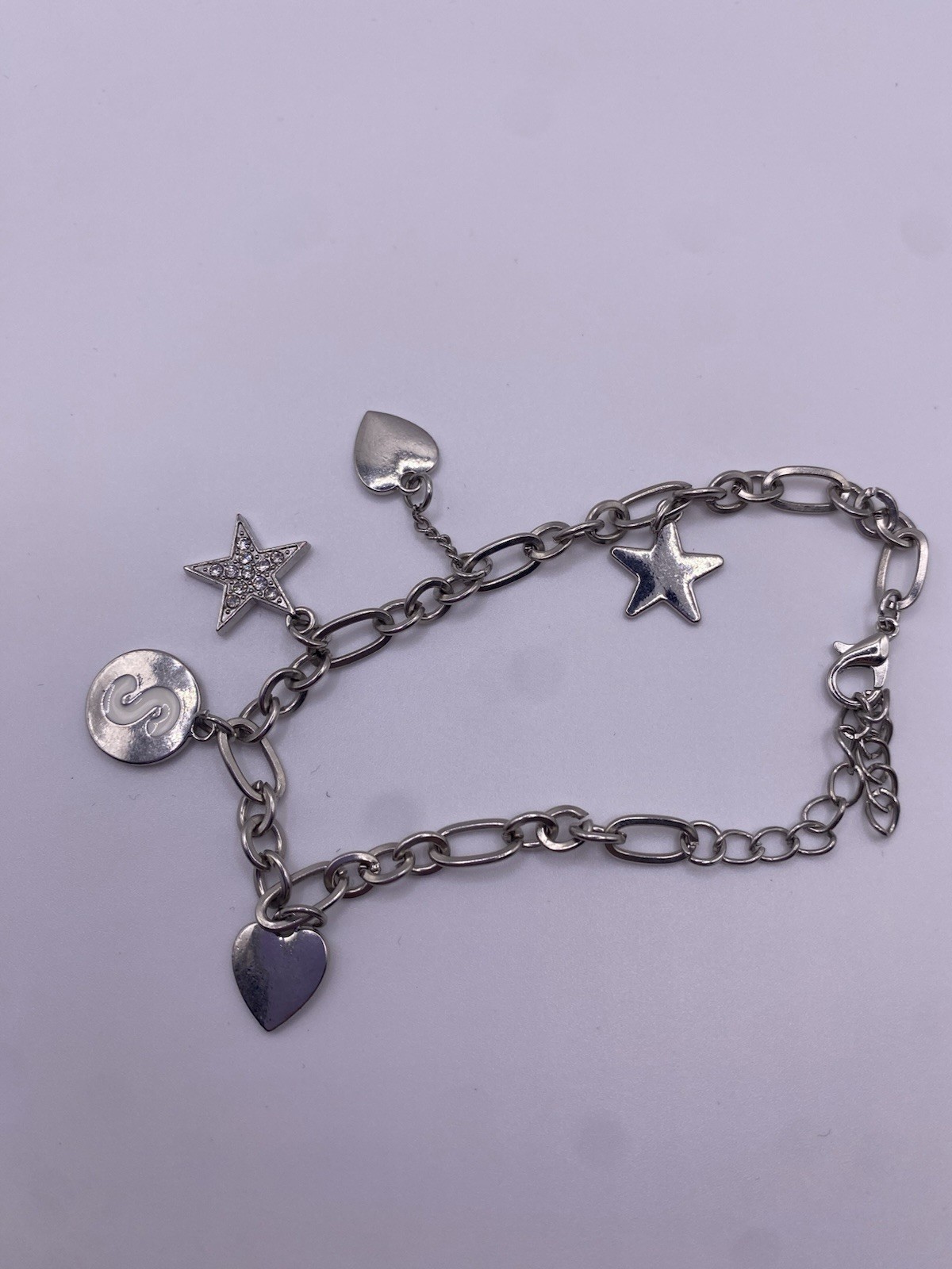 Silver Tone Oval Link Charm Bracelet Heart & Star Dangle Charms Lobster Clasp
