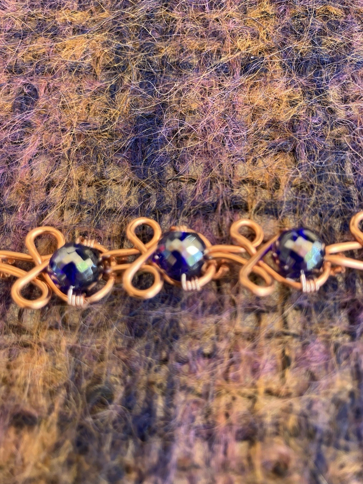 Handmade Copper Wire Wrapped Link Bracelet Upcycled Crystal Beads Hook Clasp 8in