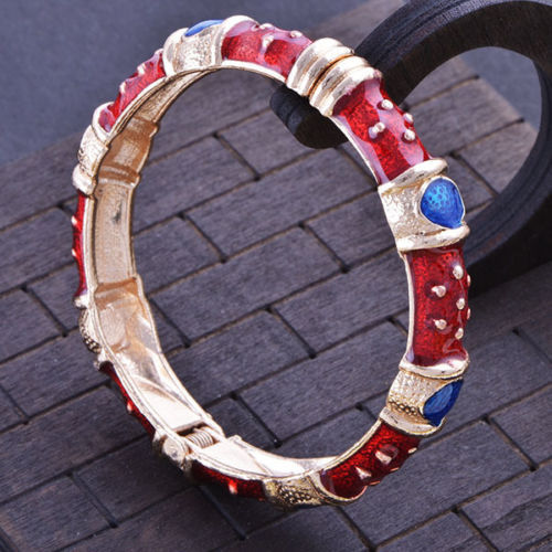 Pretty New Yellow Gold Plated Red & Blue Enamel Fashion Jewelry Bangle Bracelet