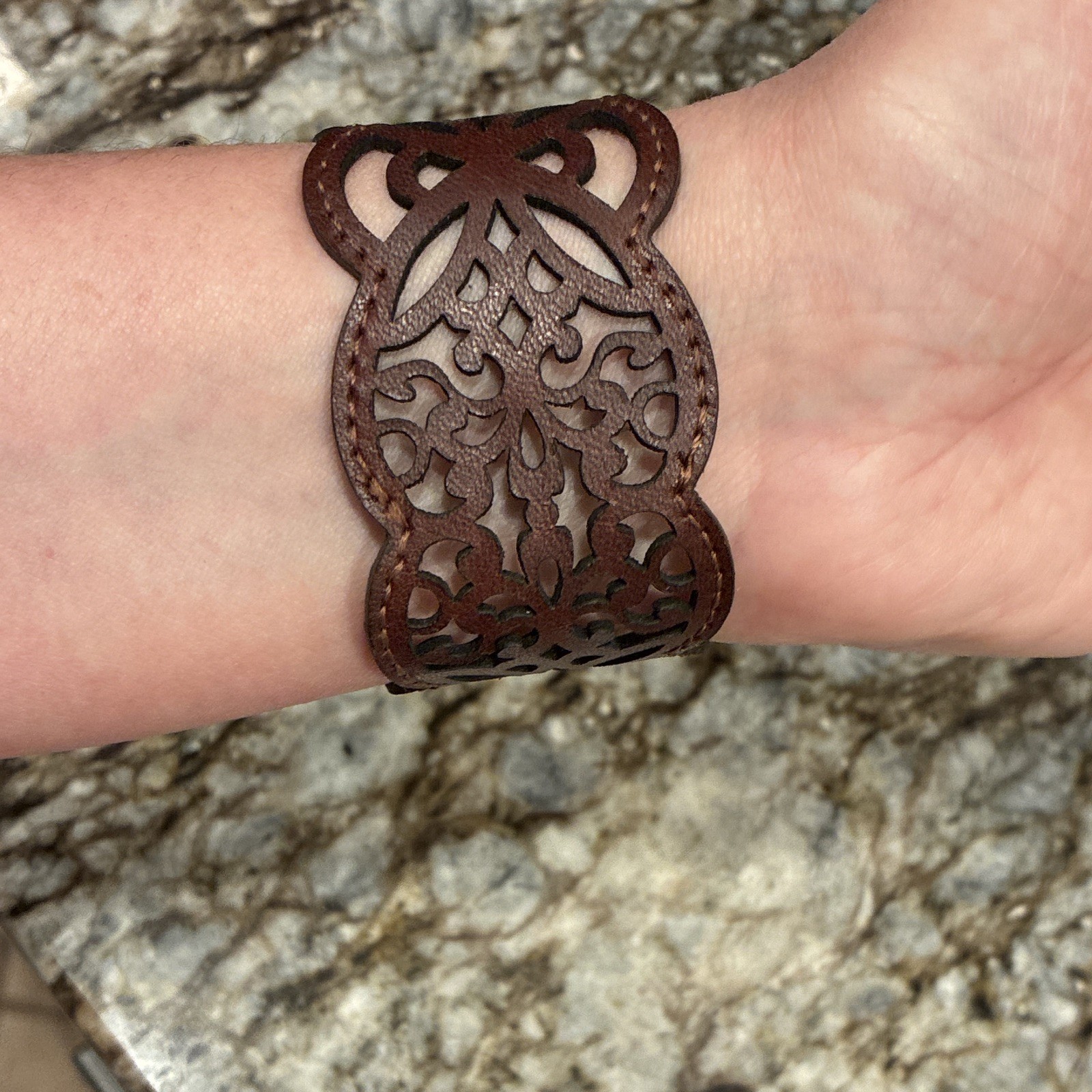 Western Brown Leather Cuff Bracelet Silver Tone Heart Concho Snap Nickel-Free