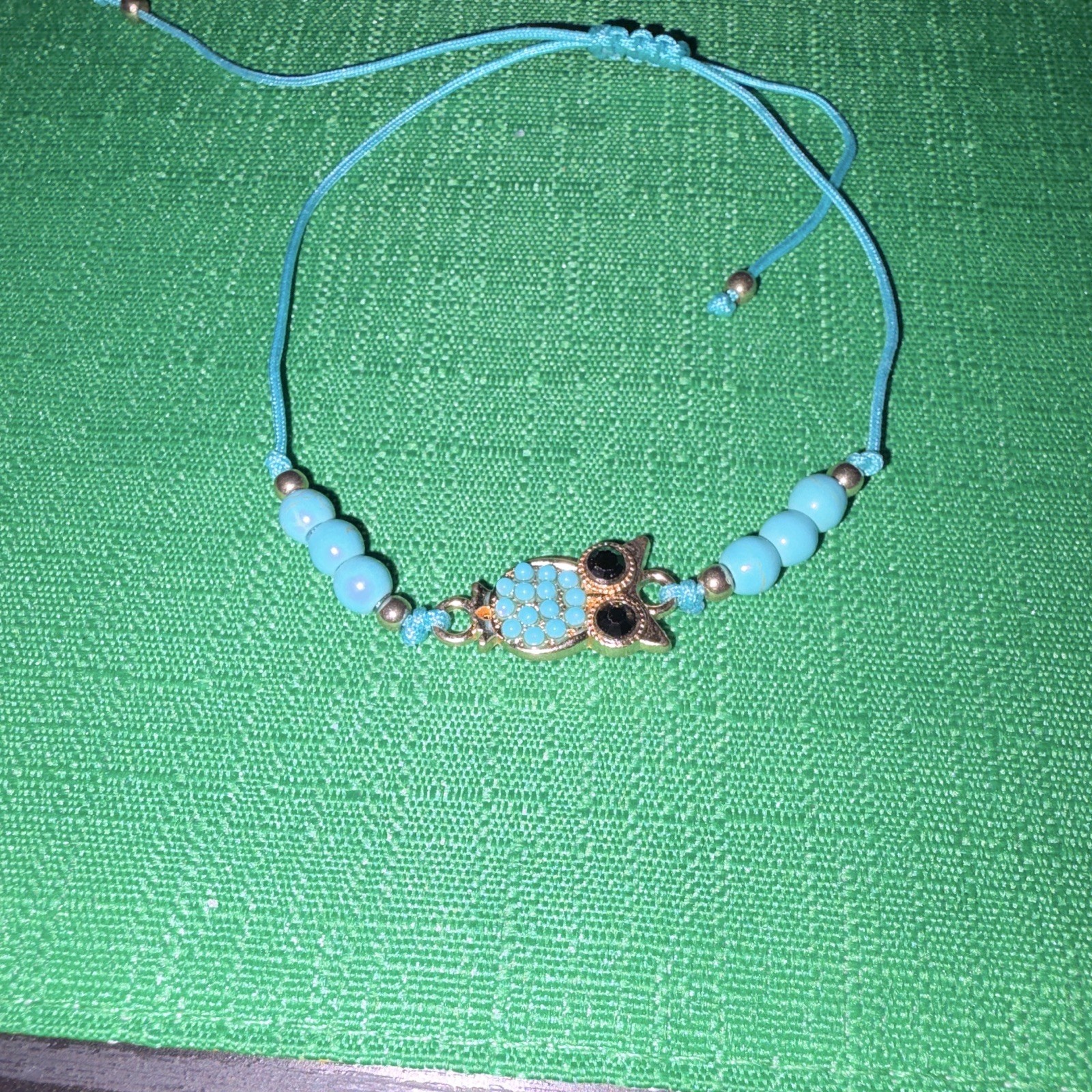 Blue Gold Beaded Cord Slide Bracelet Adjustable Dangle Owl Charm Animal Theme