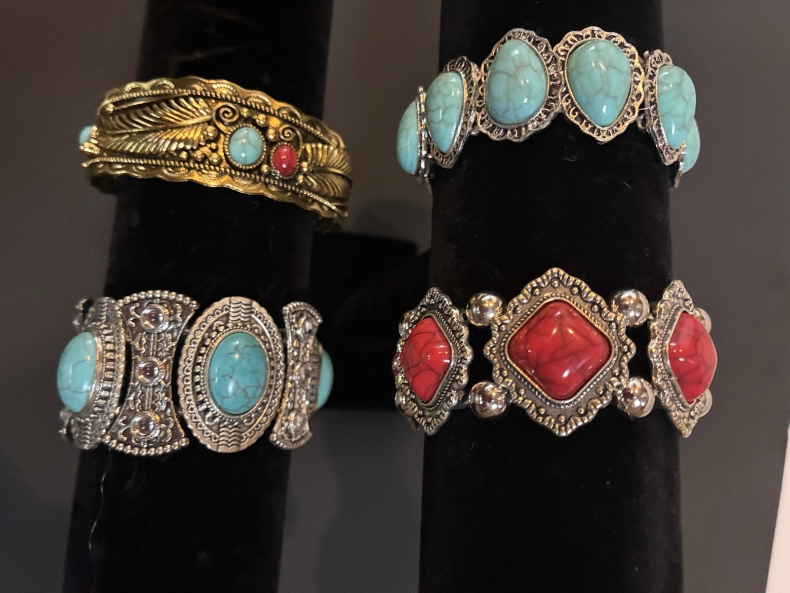 Lot of 4 Cuff Bracelets Silver Tone Turquoise Cabochon Bezel Oval Red Accents
