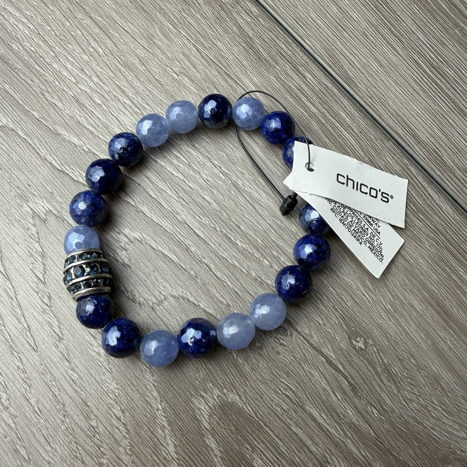 Chico’s Beaded Stretch Bracelet Blue And Silver Tone Spacer Charm New
