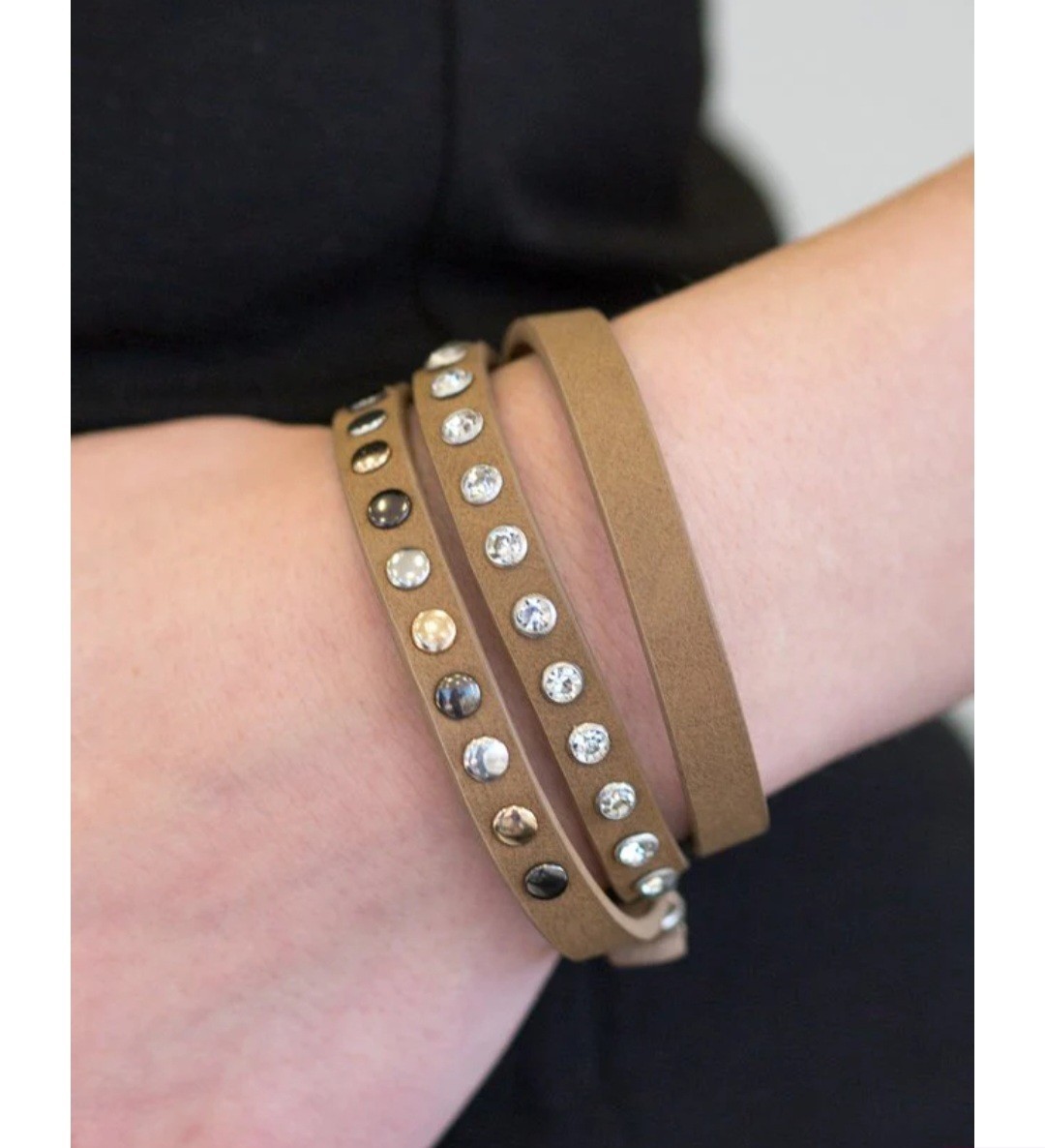 3 Adjustable Faux Leather Wrap Bracelet w/ Clear Crystal Rhinestone Studs