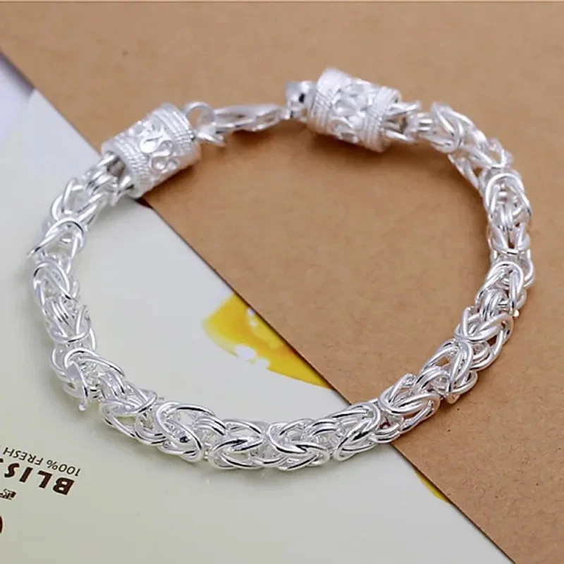 925 Sterling Silver Charm Chain Cuff Bangle Womens Fashion Bracelet