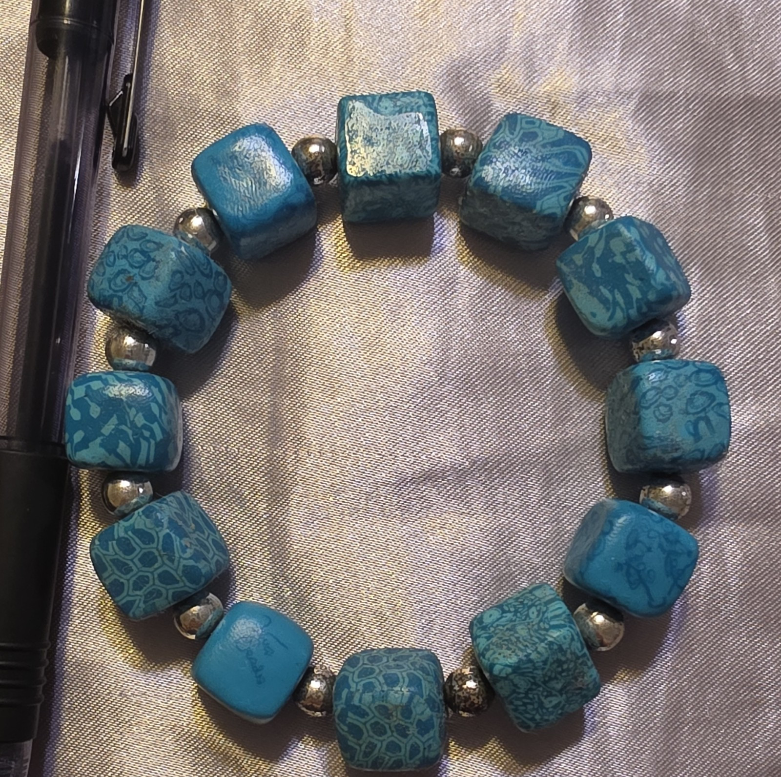 Blue Square Bead Stretch Beaded Bracelet w/ Silver-Tone Spacer Beads Stackable