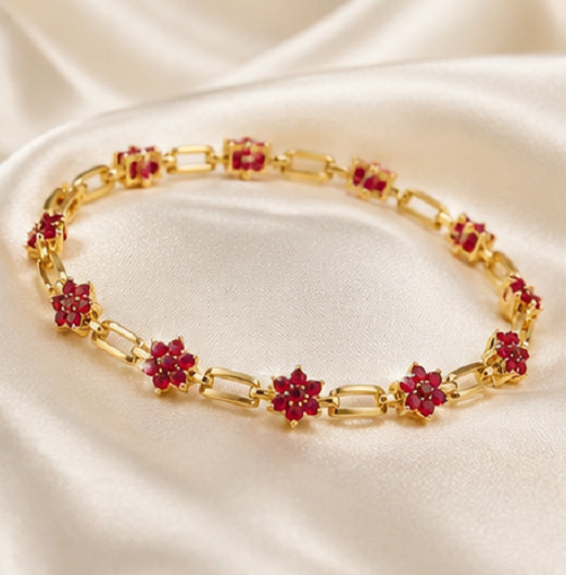 2ct Round Cut Simulated Red Ruby Flower Link Bracelet 14K Yellow Gold Plated7.5″