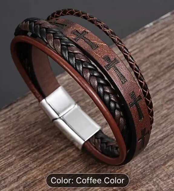 Men’s Wrap Braided Faux Leather Wristband Bracelet – Coffee Color 8.3” NEW