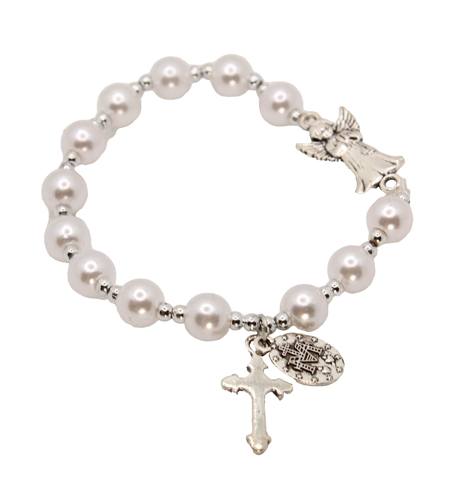 Zinc Alloy Guardian Angel, Crucifix, Miraculous Charm Faux Pearl Rosary Bracelet