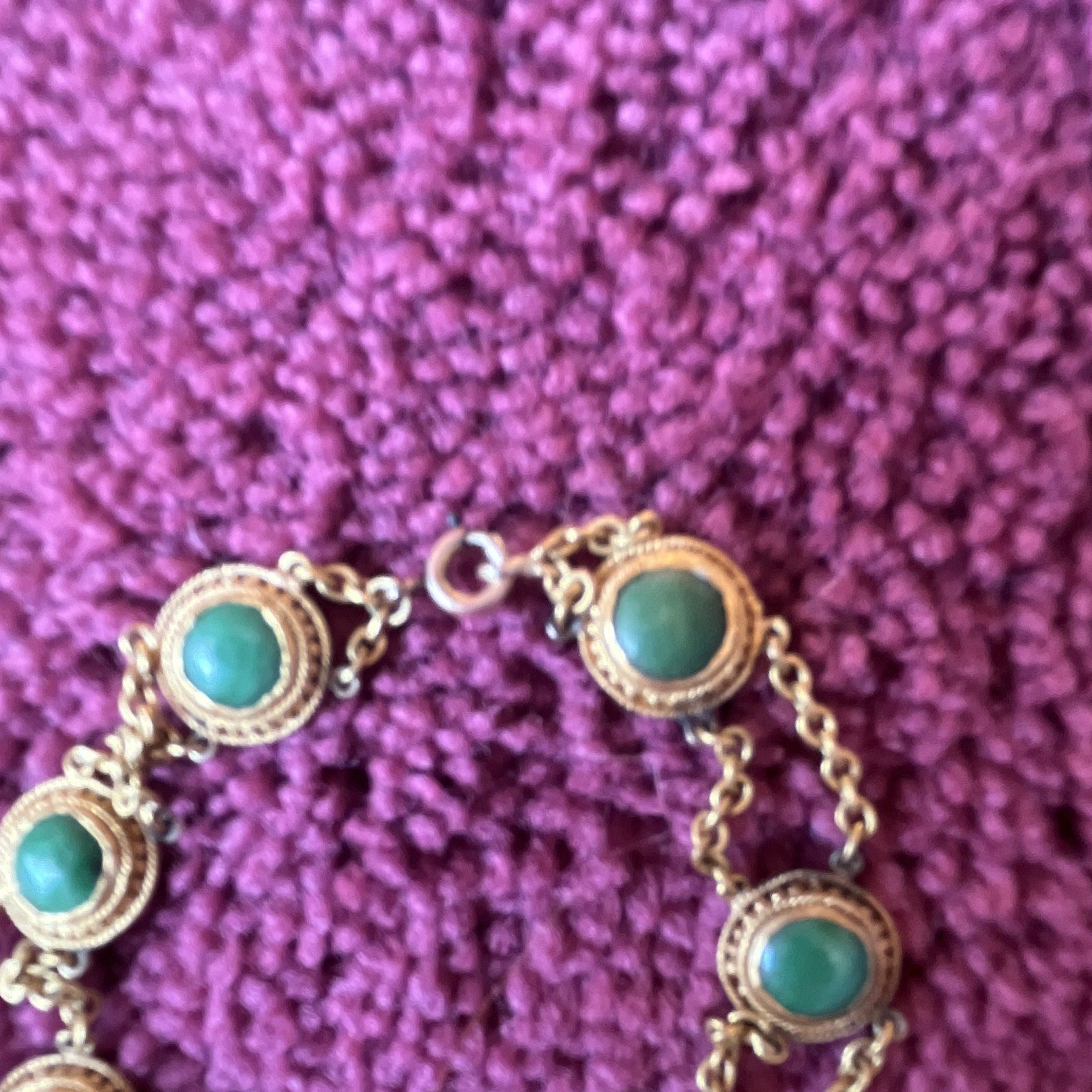 Gold Tone Double Cable Chain Charm Bracelet, Green Round Cabochon, Spring Ring