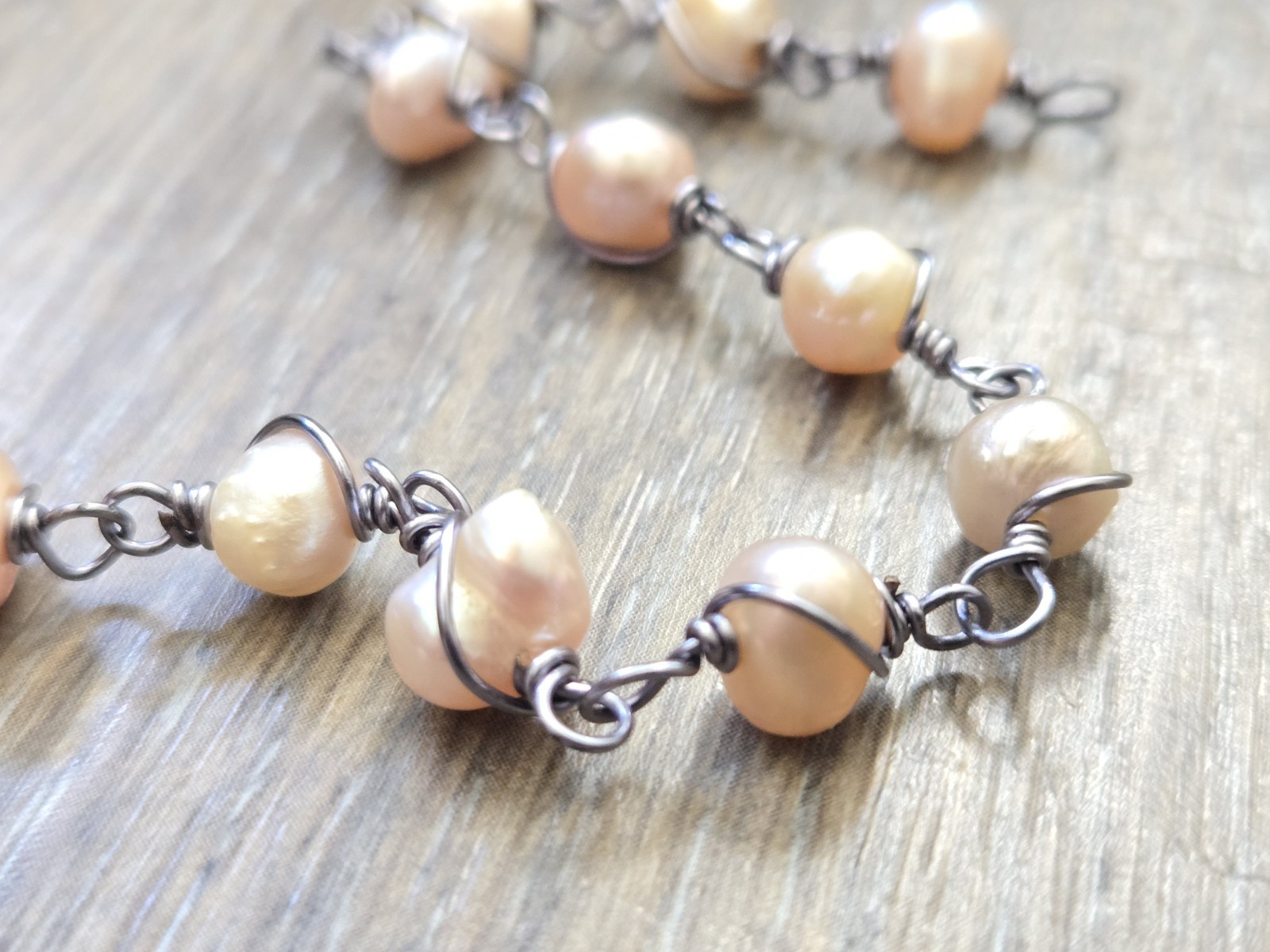 New pearl oxidized silver plated double wire wrap handmade bracelet, 8in, 8.42g