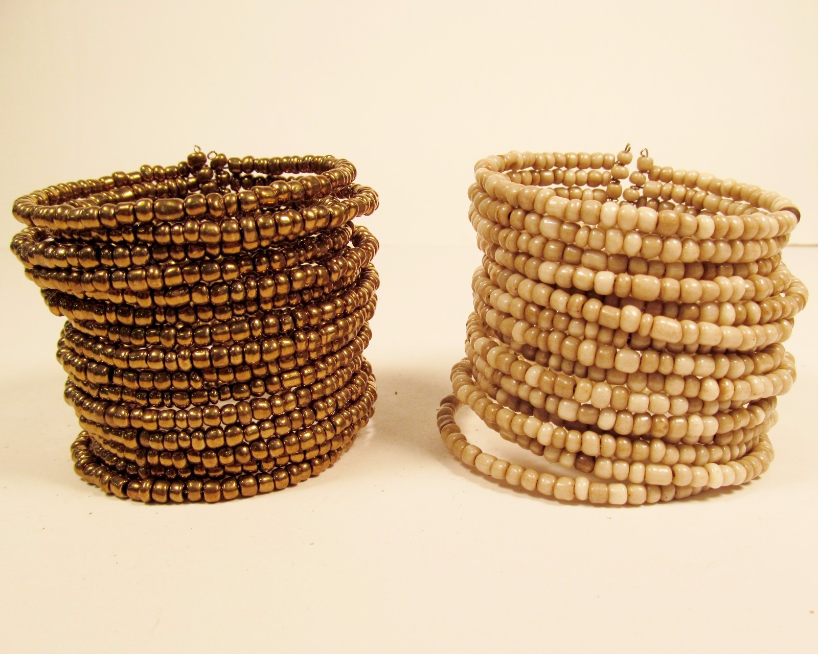 “Set of 2” Gold & Cream Multi Strand Beaded Bangle Handmade Cuff Bracelets
