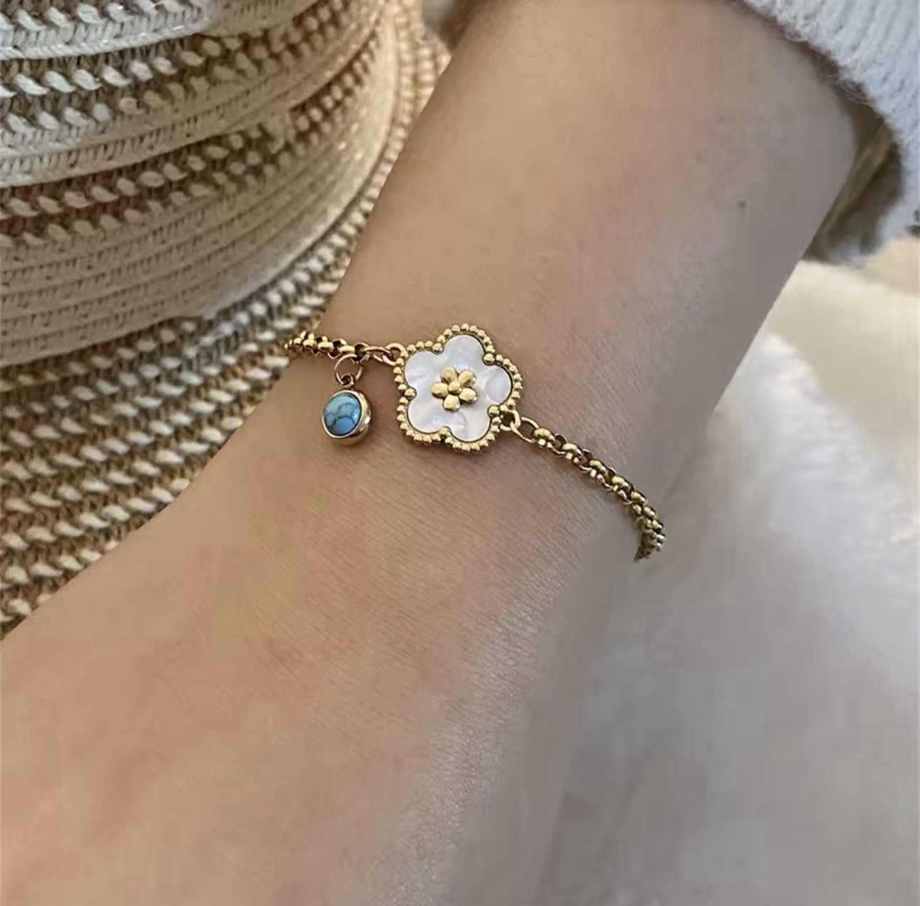 Gold Flower Charm Bracelet with Blue Round Stone, Cable Chain,stainless steel