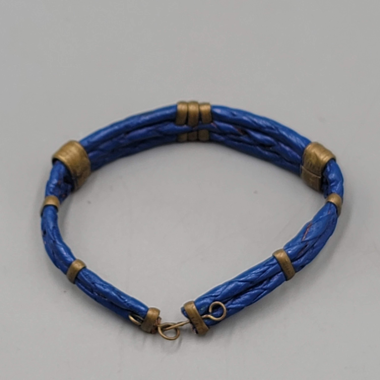 Vintage Blue Braided Leather Brass Accents Hook Clasp 7 in