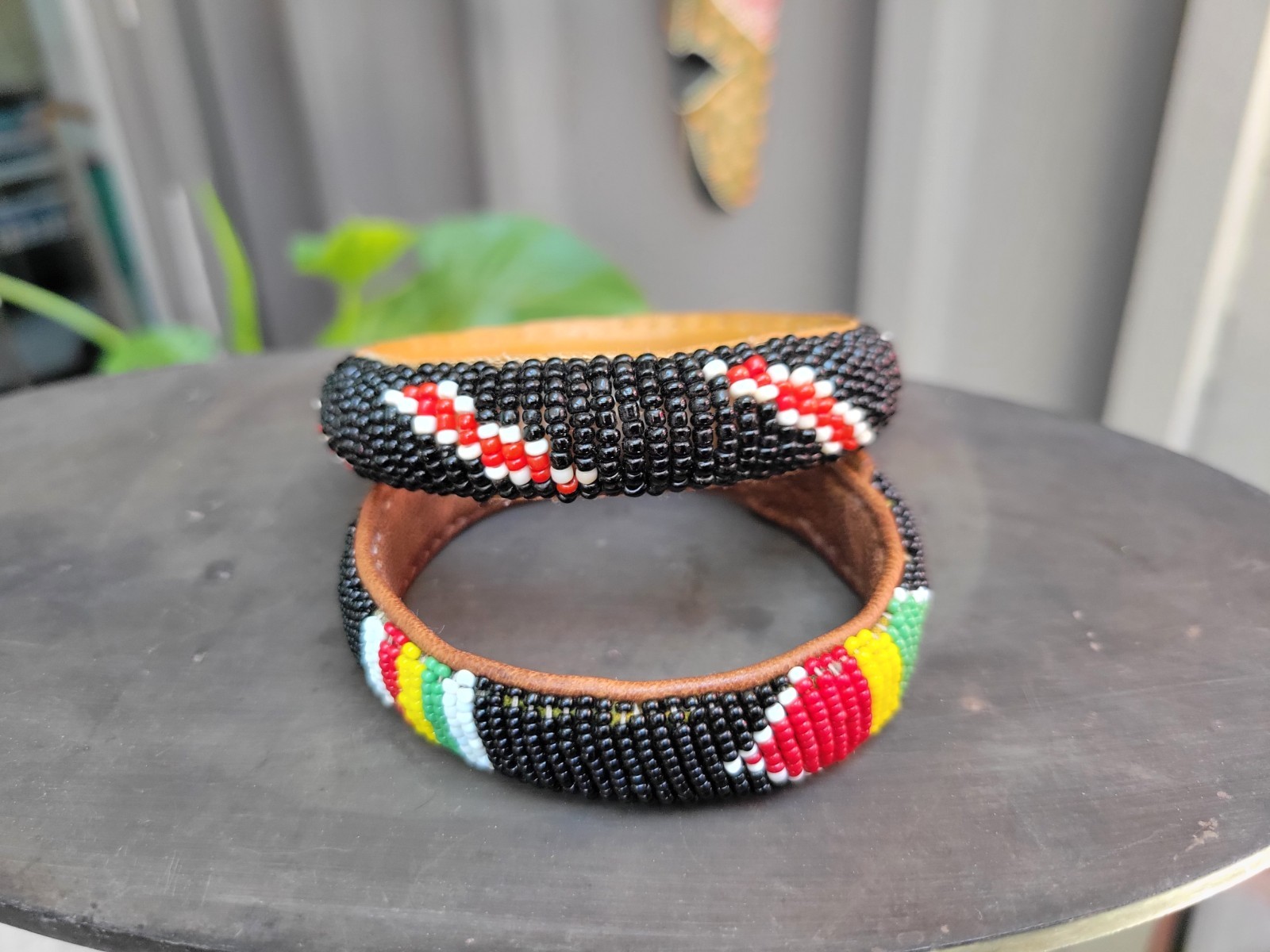 Vintage Lot of 2 African Woven Seed Bead & Leather Bangles African Colors 7″& 8″