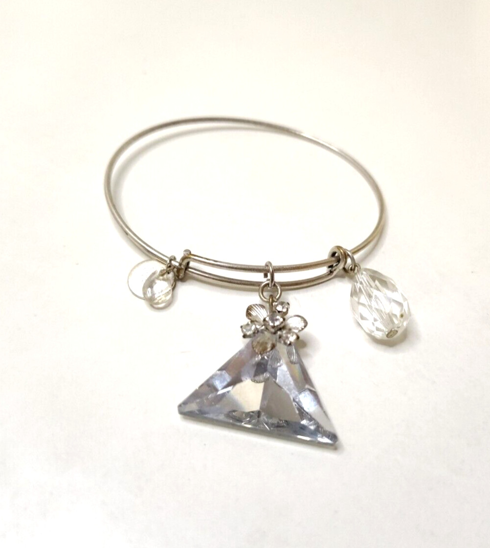 BANGLE CHARM BRACELT SILVER TONE FLOWER RHINESTONE FACETED WHITE/COLORLESS BEADS