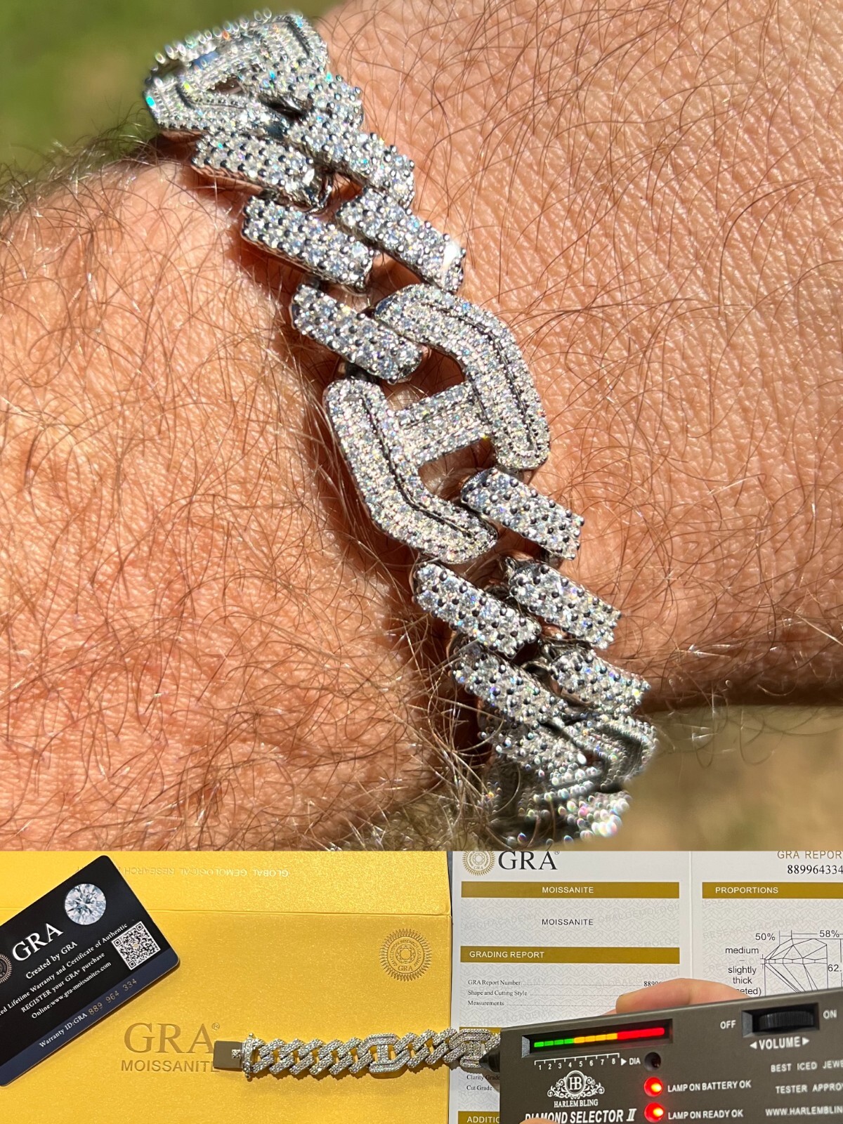 MOISSANITE Solid 925 Silver Mens 15mm Figarucci Gucci Link Prong Cuban Bracelet