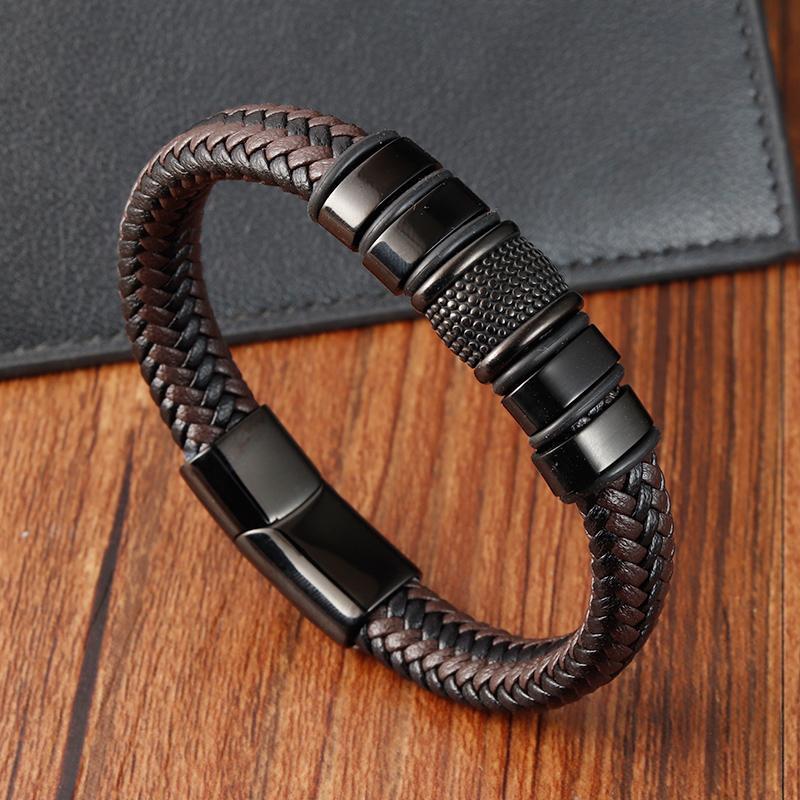 Fashion Leather Bracelet Trendy Classic Charm Braided Wrap Stainless Steel