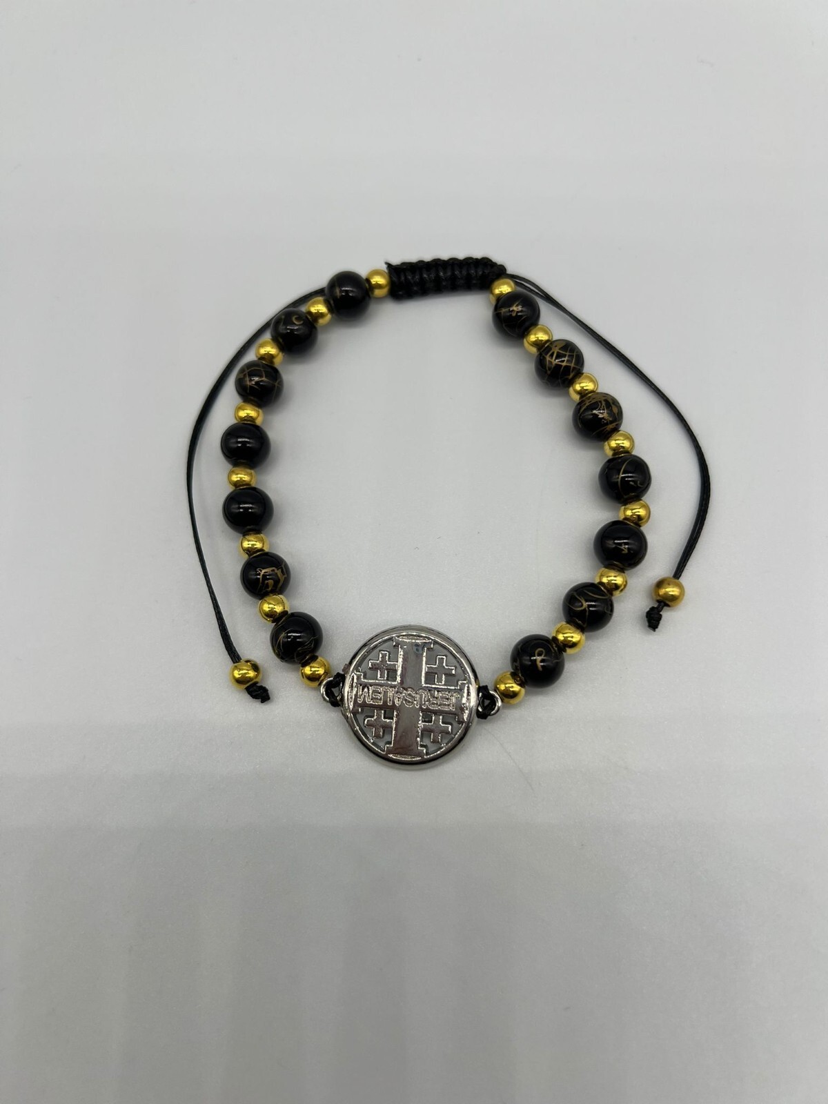 Jerusalem Cross Black Beads Bracelet Catholicism Brass Plated