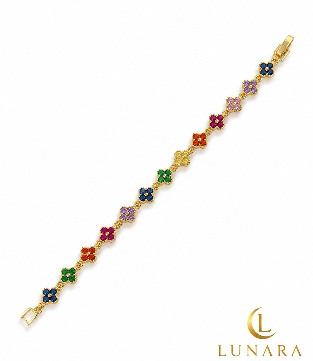 Lunara Gold Tone Multicolor Flower Crystal Tennis Chain Bracelet Lobster