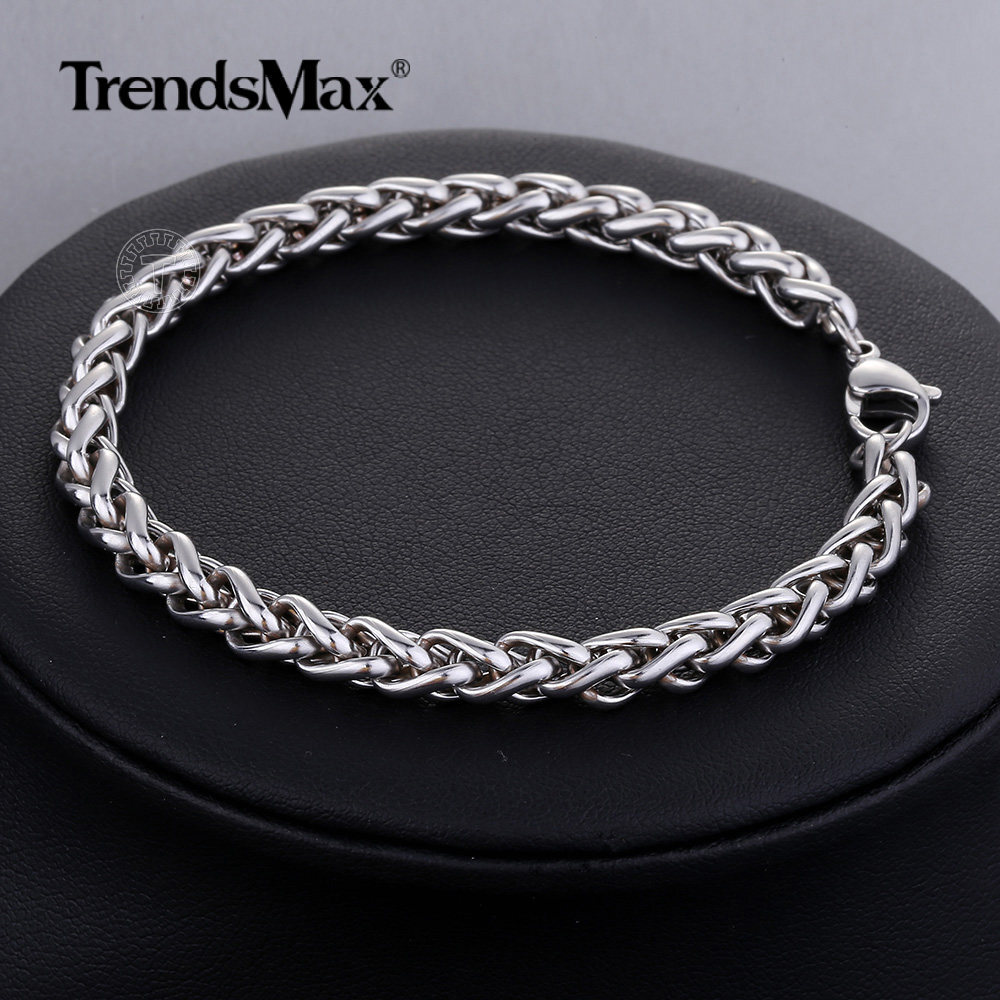 6mm 7″-10” Round Wheat Chain Bracelet Men Boys Silver Stainless Steel Link Clasp