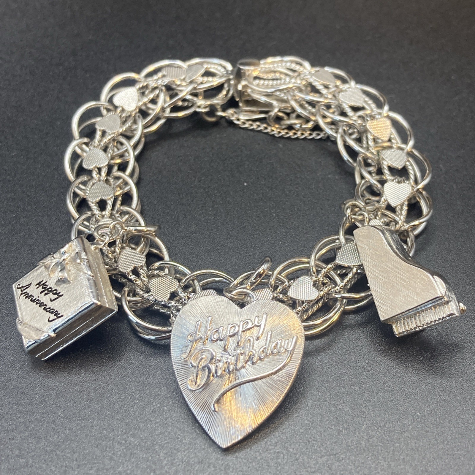 Monet Silver Hearts Link Safety Chain Charm Bracelet Piano Anniversary Birthday