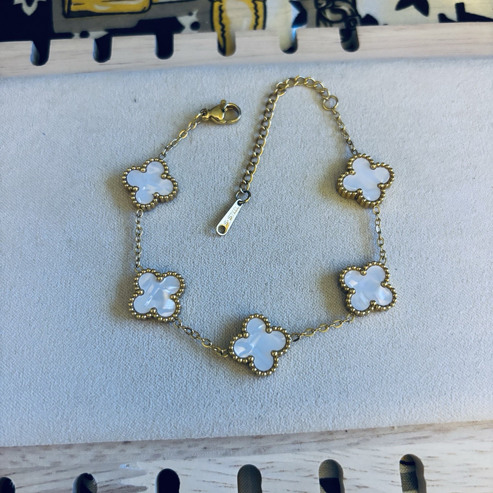Gold Tone White Mother of Pearl Clover Charm Cable Chain Bracelet, Adjustable