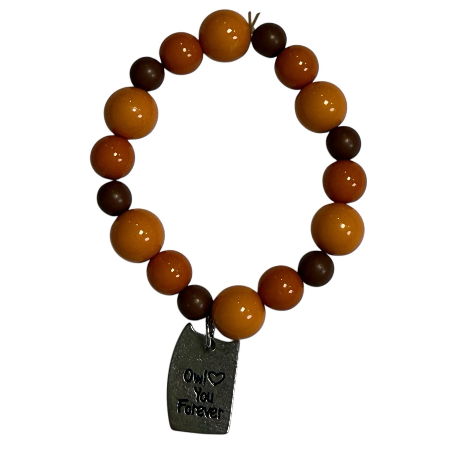 Owl Charm Orange and Brown Beaded Stretch Bracelet Fall Neutral Owl You Forever