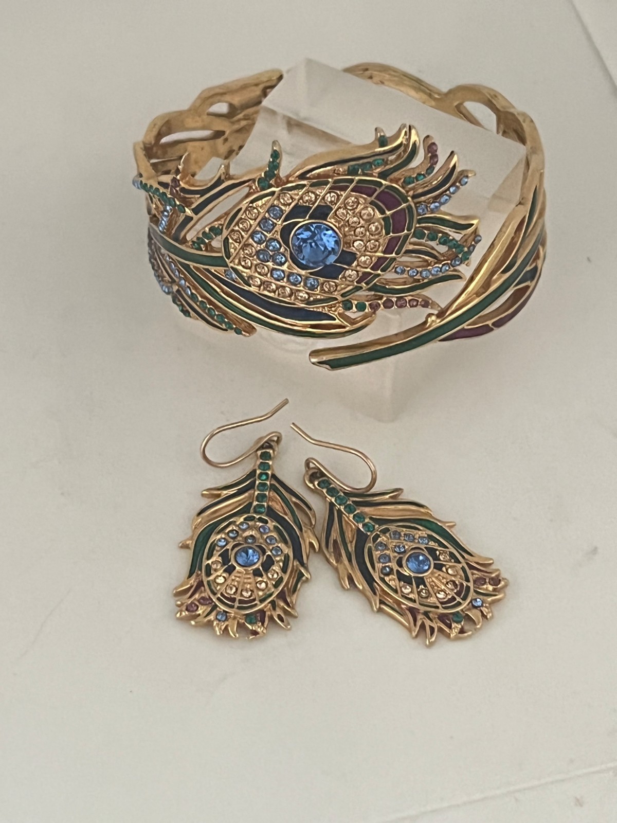 Peacock Feather Set , 18K Gold Overlay Czech and Austrian Crystals, MMA
