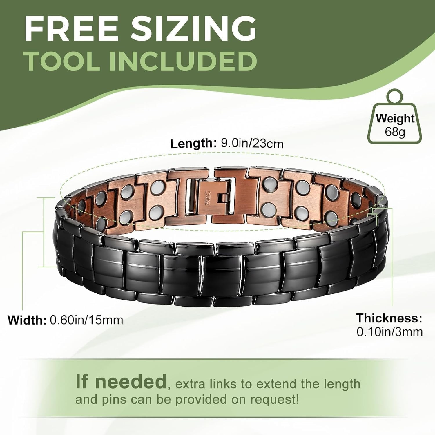 Mens Magnetic Bracelet, 99.9% Pure Copper, Adjustable Size, 8.5 Inch