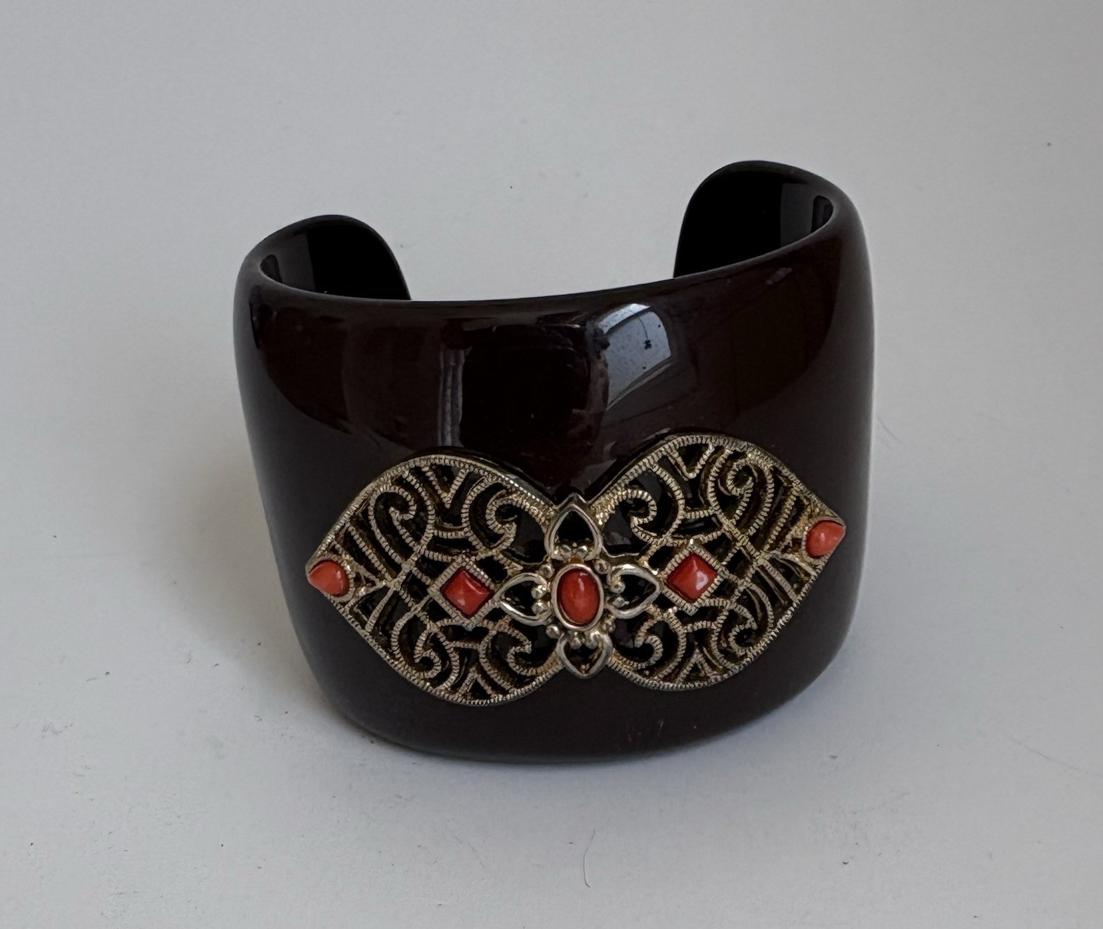 Brown & Gold -Tone Filigree Cuff Bracelet w/ Orange Cabochon Bezel Stones