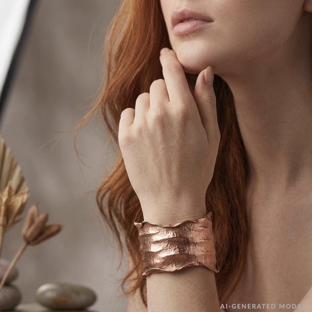 Copper Cuff Bracelet Solid Copper Crinkled Torn Edge Adjustable Style