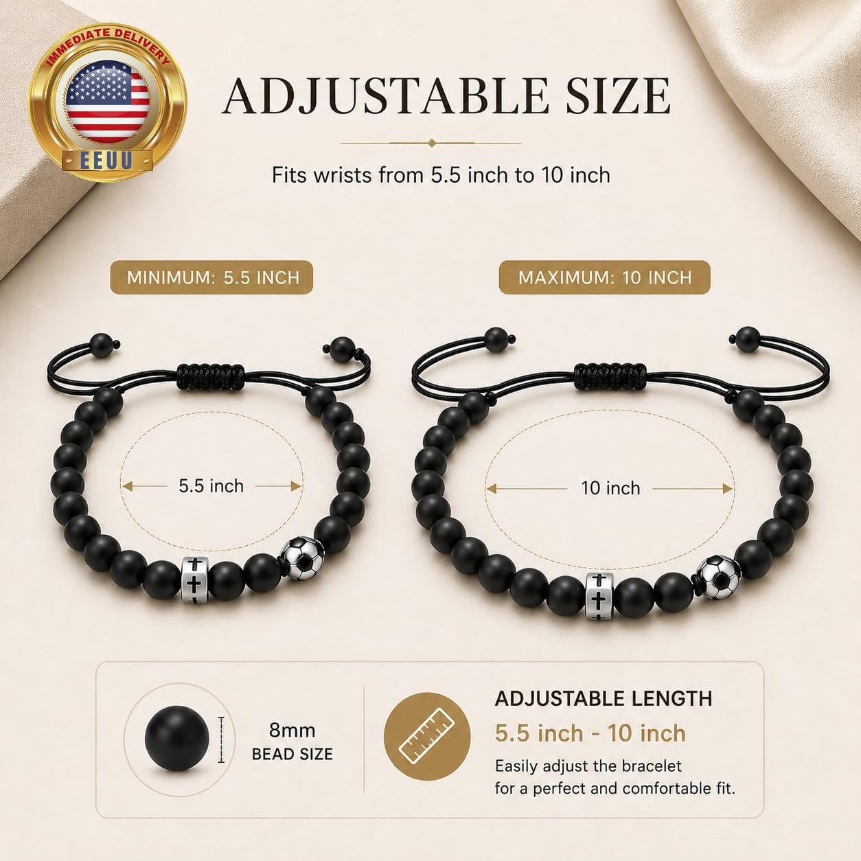 Soccer Cross Beaded Bracelet for Men Boys, Adjustable Black Obsidian & Nylon Cor