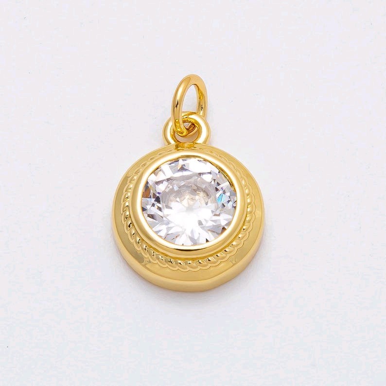 16k Gold Filled Round CZ Bezel Charm, Minimalist Solitaire Sparkling Pendant for