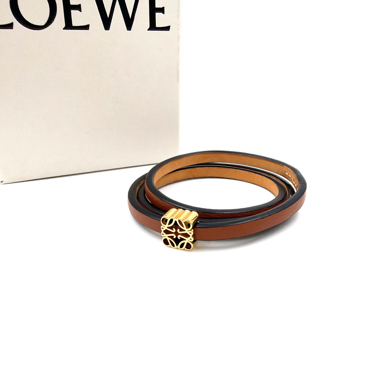 LOEWE Anagram Wrap Bracelet Brown Tan Leather Gold Plated Size M Spain Auth