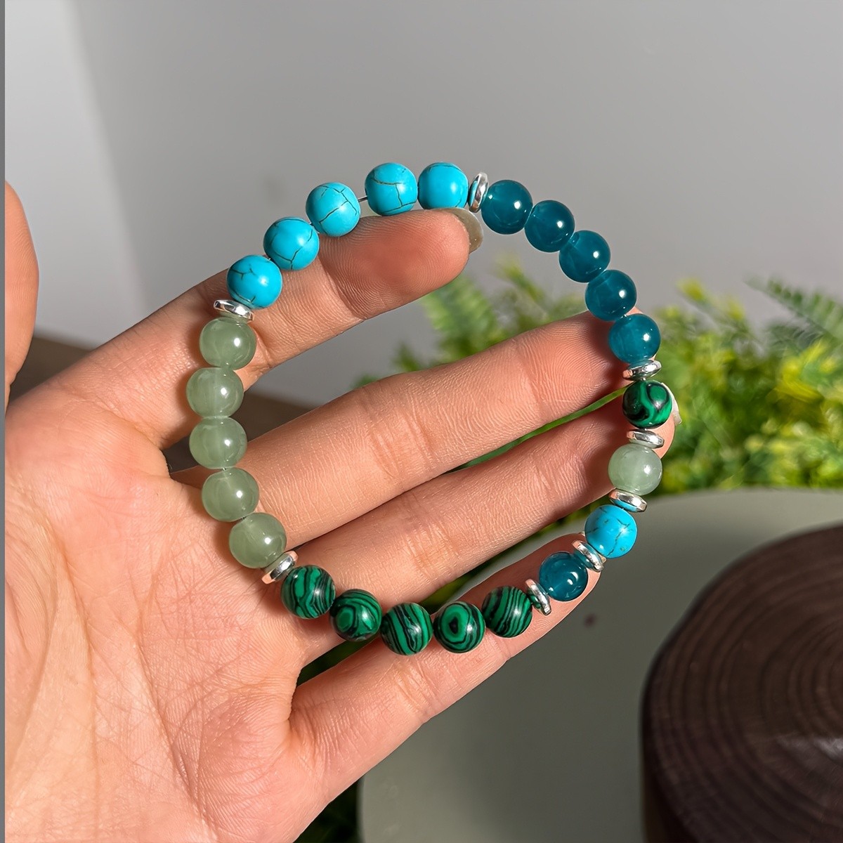 Anxiety Relief Bracelet Gift 8mm Malachite & Blue Turquoise Beads Bracelets