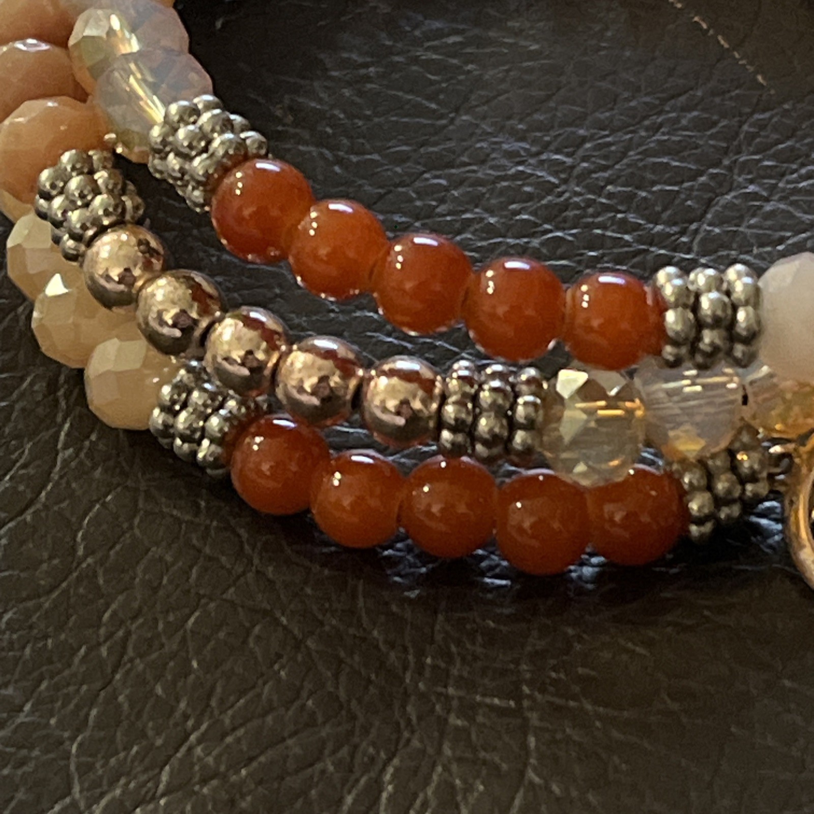 orange brown taupe stone faceted beads goldtone silvertone memory wire bracelet