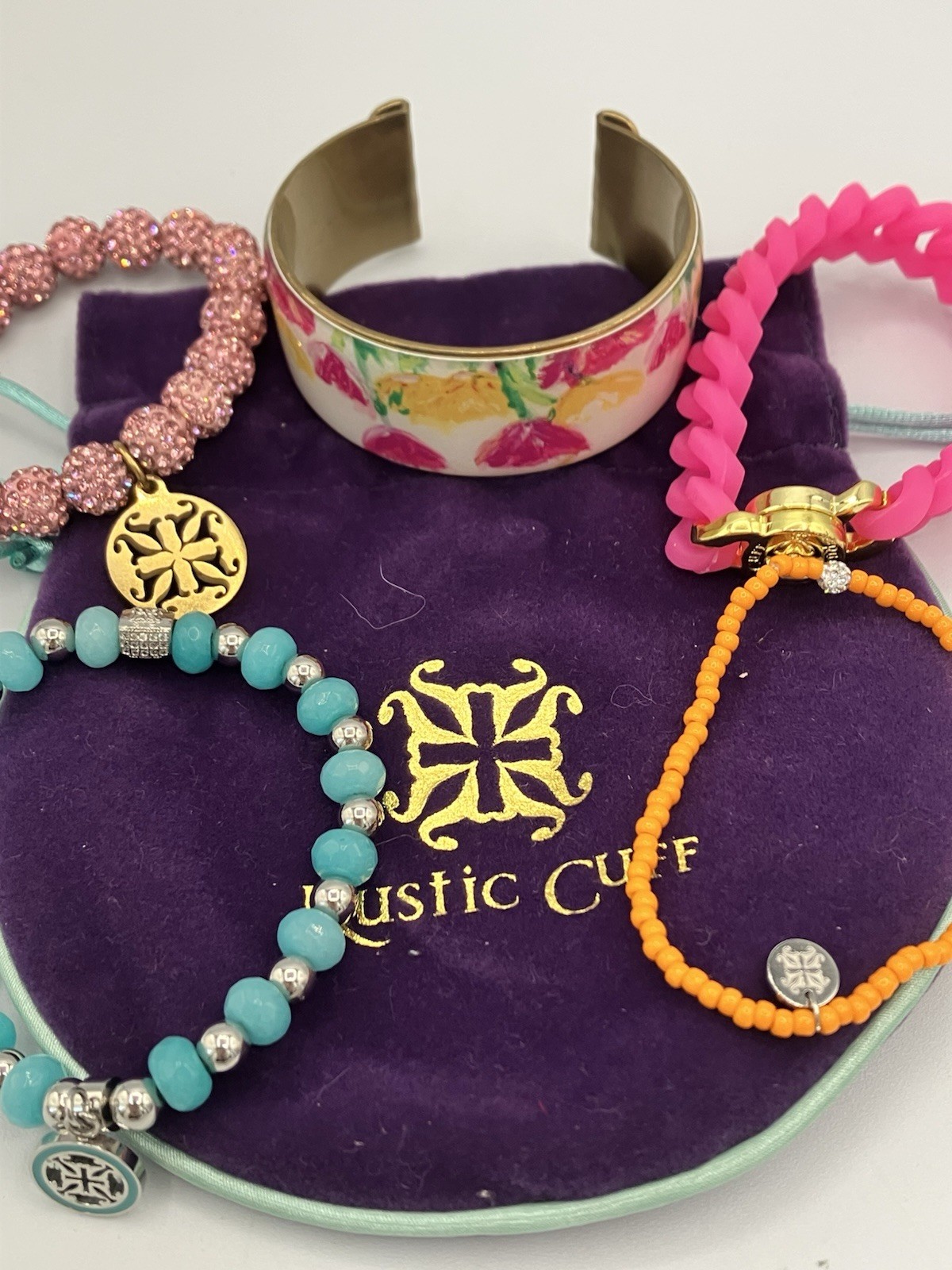 Rustic Cuff 5 Pc Bracelet Stack Floral Cuff Pink Chain Turquoise Beaded Set