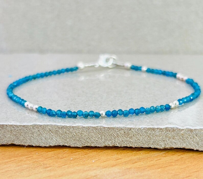 2-3MM Dainty Blue Apatite Faceted Round Gemstone Beads Handmade Bracelets 6-8”