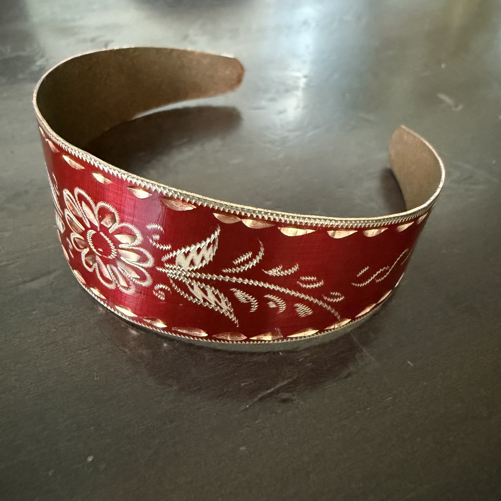 Turkish Handmade Etched Copper Wide Cuff Bracelet Red Adjustable