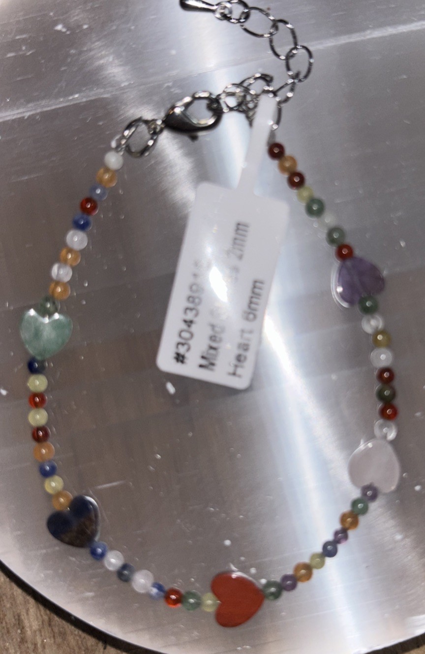 2mm Round Mixed Stones With 6mm Hearts Kids Size Bracelet 14 Cm +4cm