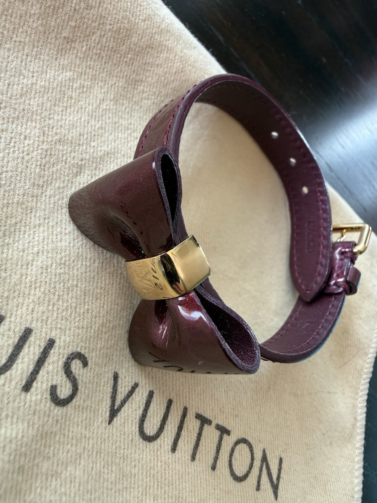 Louis Vuitton Adjustable Leather Bow Bracelet Maroon/Red Authentic with Pouch