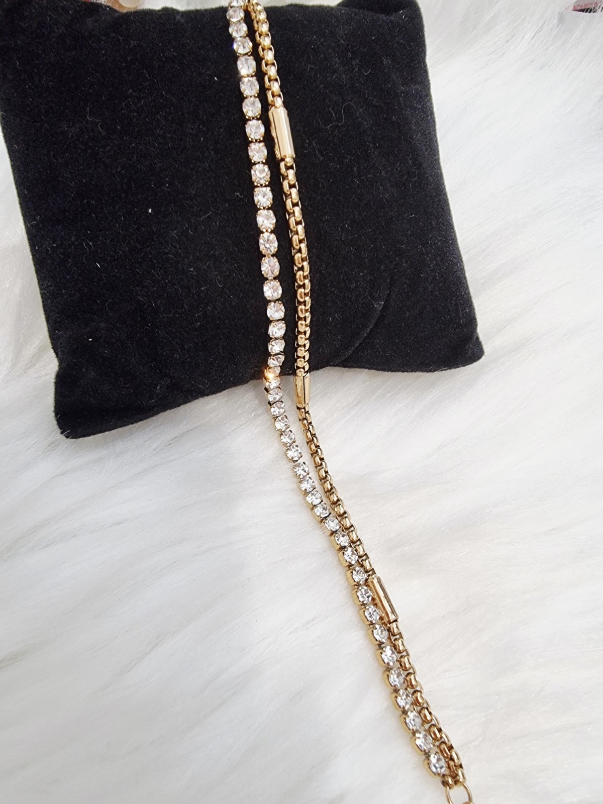 Gold Double Chain Bracelet with Crystal Stones/ Stainless Steel Adjustable