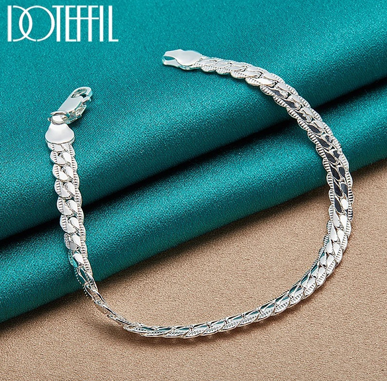 1pc 925 Silver Flat Chain Bracelet Lobster Clasp Jewelry Gift For Woman Man