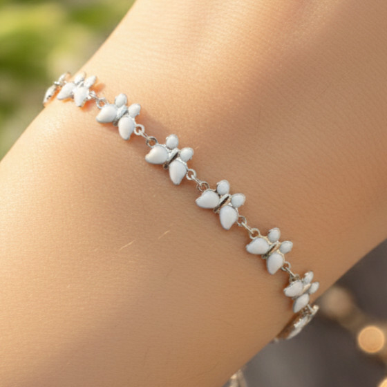 Elegant White Enamel Butterfly Bracelet 925 Silver Plated Bridal Boho Jewelry