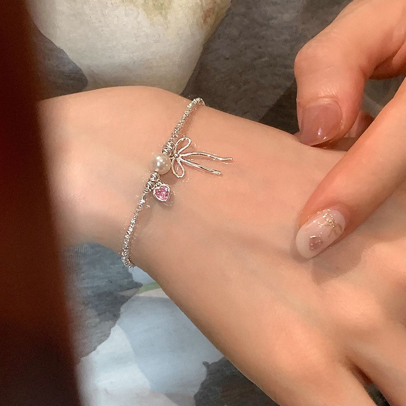 Women’s Elegant Pink Heart Bow Pendant Bracelet Alloy Bracelet Fashion Jewelry